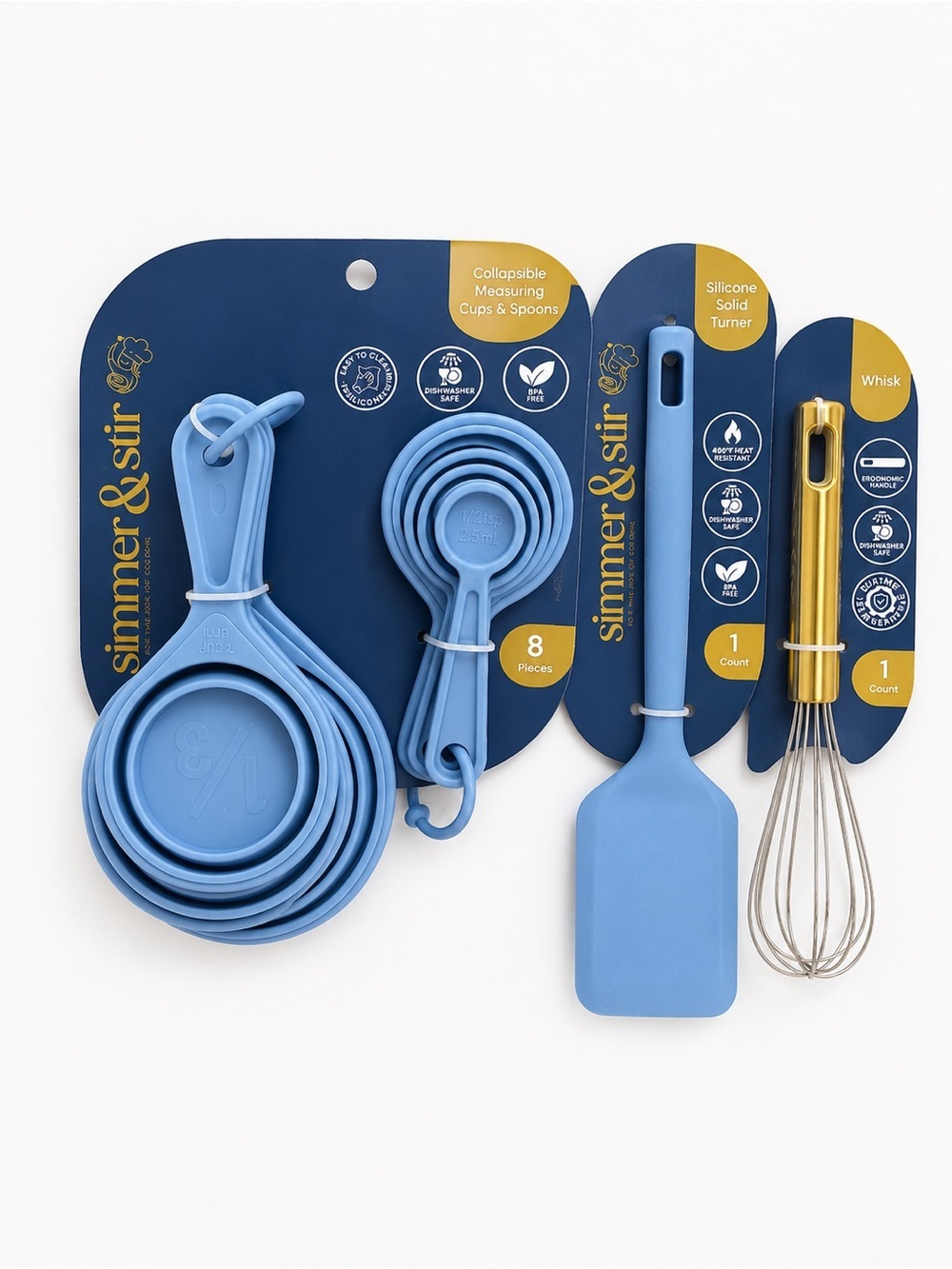New Kitchen Essentials - Blue Silicone Measuring Cups, Spoons Whisk & Spatula